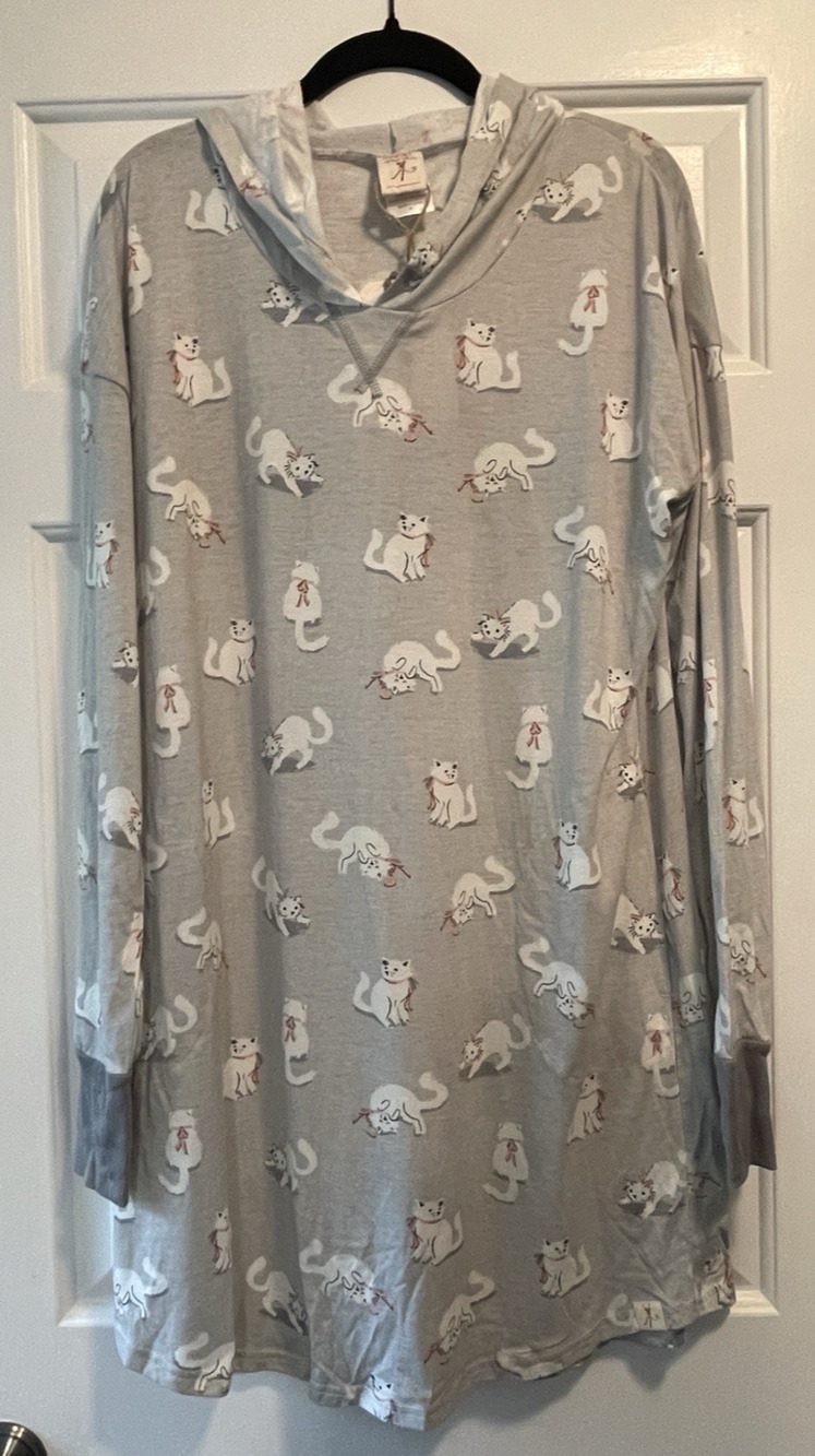 Munki Munki Nightgown Womens M Gray Hooded Long Sleeve White Cats In Pink Bows
